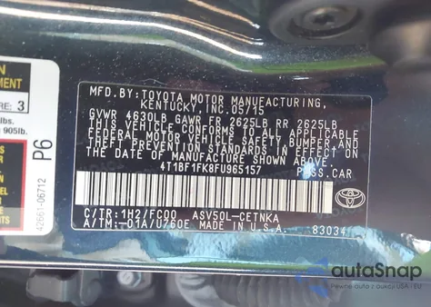 2015 Toyota Camry Le z USA, uszkodzony, nr VIN 4T1BF1FK8FU965157